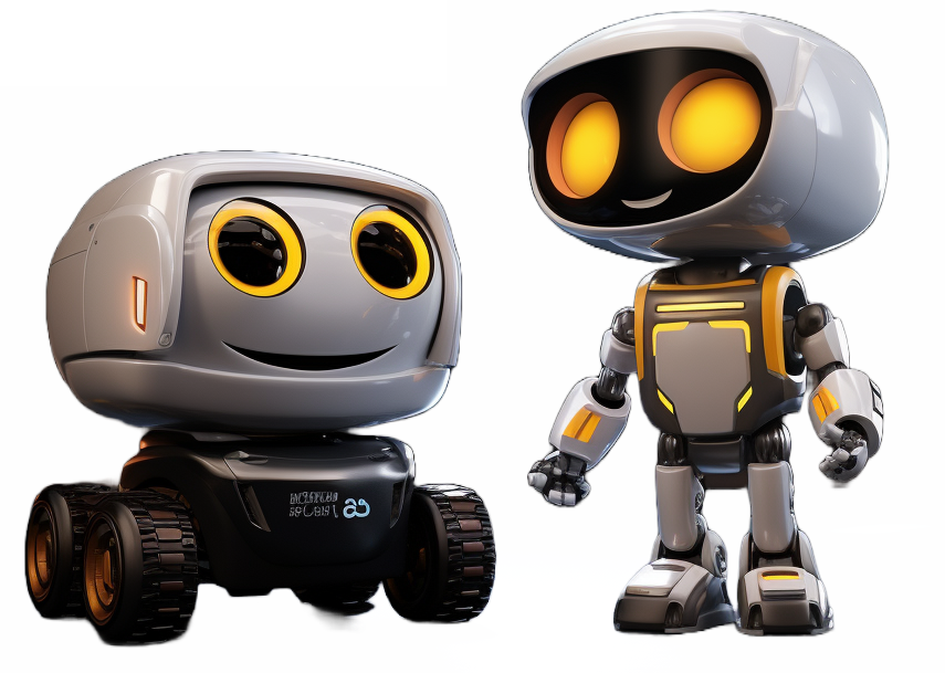 two cute smiling robots, one wheeled and one humanoid