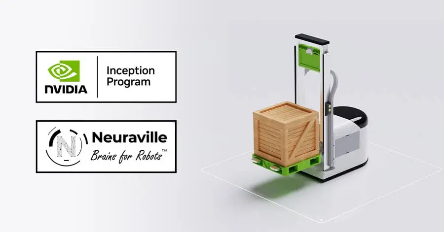 Small robot moving palette beside Neuraville and Nvidia logos