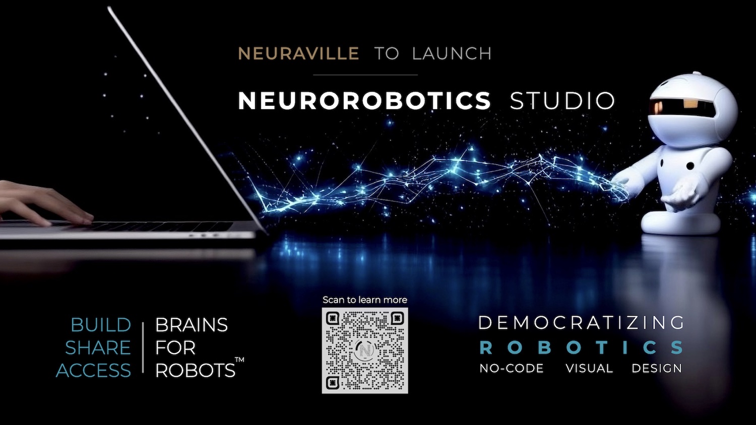 hand on laptop sending shimmering blue sparks to simple humanoid robot on a table